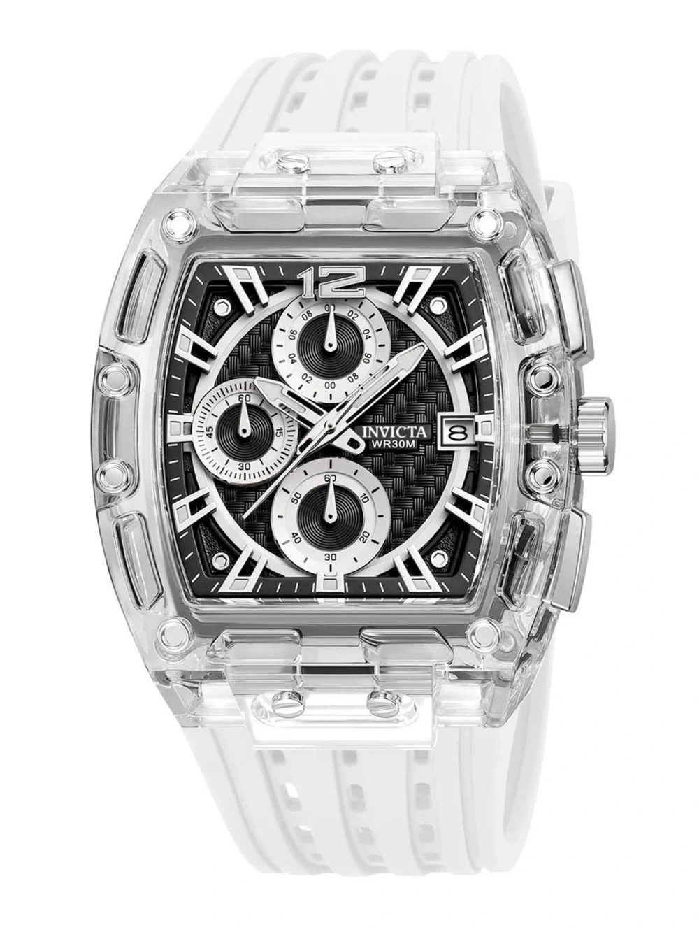 Invicta Transparent Case Watch - Black Dial, White Strap